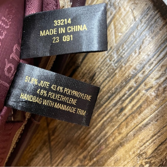 Etienne Aigner woven tan jute handbag with burgundy trim - Picture 8 of 16